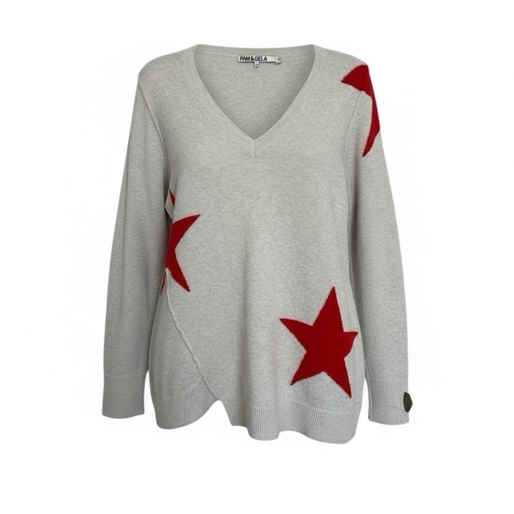 Pam & Gela Grey Red Star Print Sweater Size S Asymmetrical Wool Alpaca Blend - Picture 2 of 9